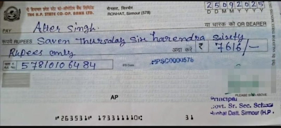 Himachal School Principal Cheque Goes Viral: Rs 7,616 Misspelled, Netizens React photo by @KrishnaTOI