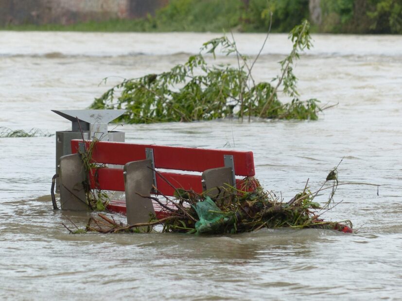 flood, park bench, flooded, red, natural disaster, flotsam and jetsam, flooding, flow, riverside, water, catastrophe, flood disaster, storm, nature, force of nature, civil protection, water level, flood of the century, climate change, climate protection, environmental protection