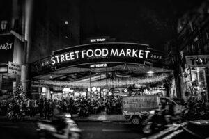 grayscale shot of Street Food Market