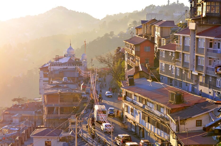 shimla, city, mountains, sunset, sunrise, buildings, houses, fog, haze, nature, town, urban, travel, tourism, himachal pradesh, himachal, india