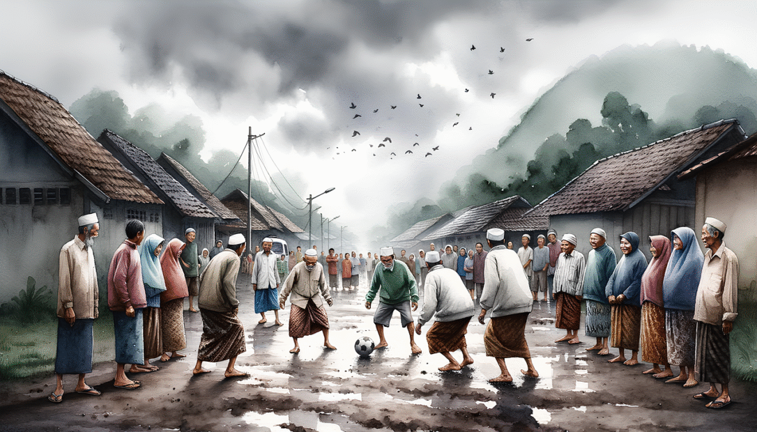 ai generated, football, townspeople, village, sport, mud, muddy, competition, match, retro, overcast, soccer
